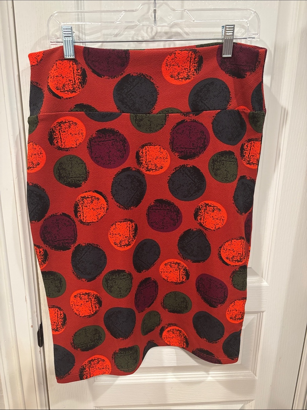 LuLaRoe Red Pencil Skirt with Black, Olive & Burgundy Dots